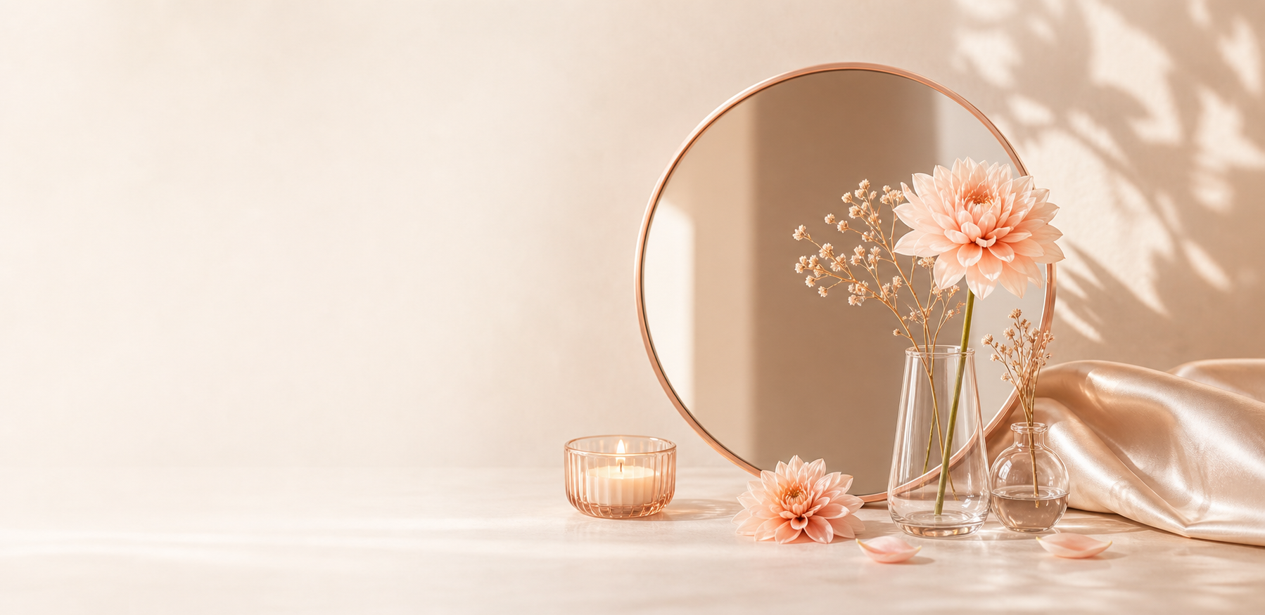 Kwiaty, świece i lustro w spokojnej aranżacji beauty studio